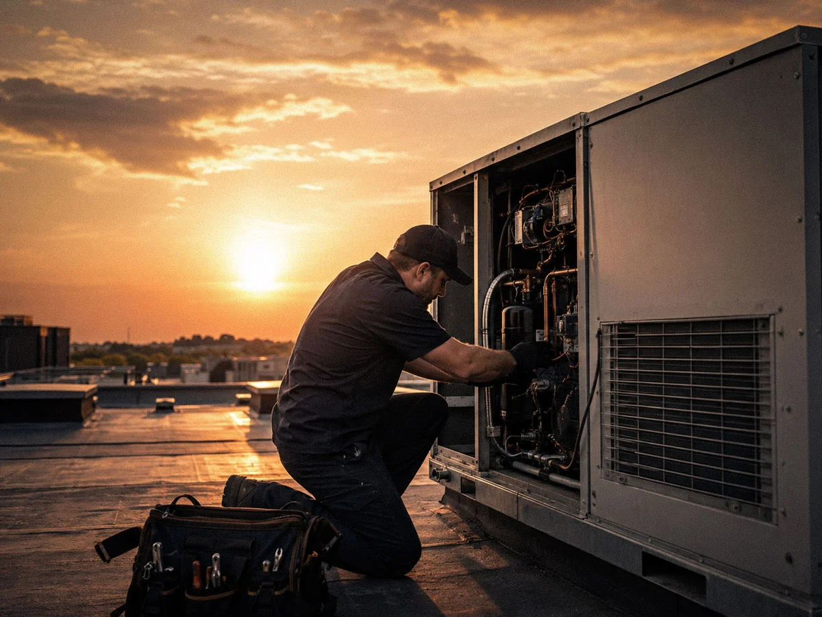 Elite Service technician working beside a commercial rooftop HVAC unit during golden hour