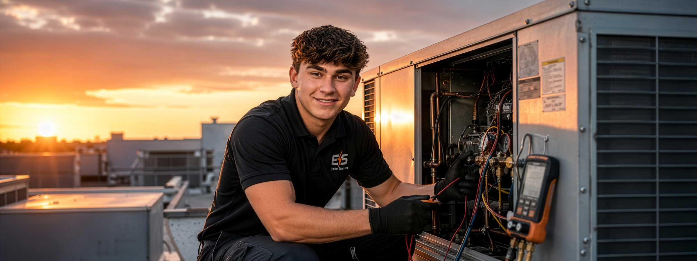 Elite Service technician servicing a commercial rooftop HVAC unit at sunset in Hampton Roads