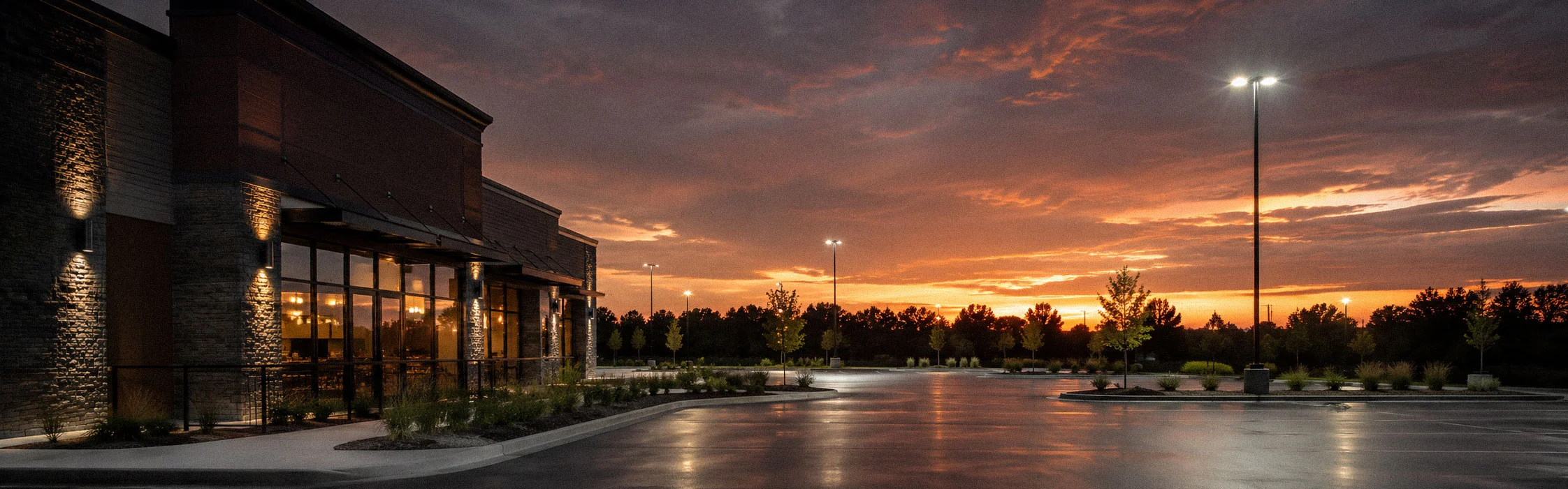 Commercial LED parking lot lighting glowing at dusk for a Hampton Roads business