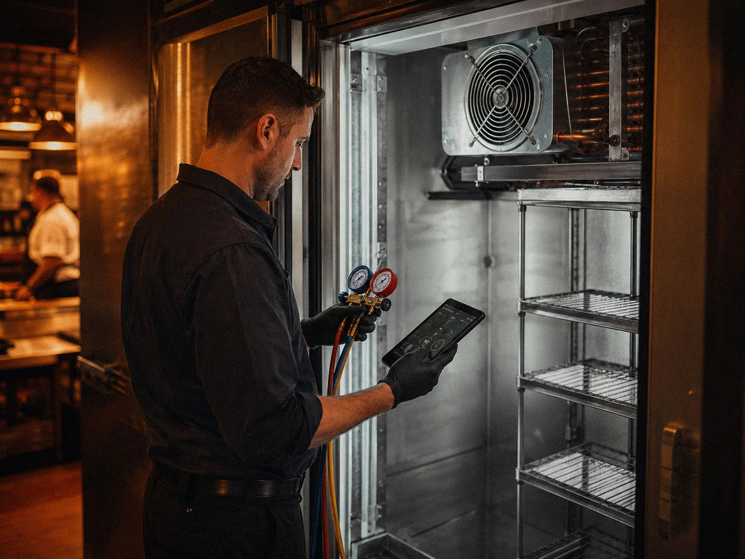 Elite Service commercial refrigeration technician servicing equipment in Hampton Roads