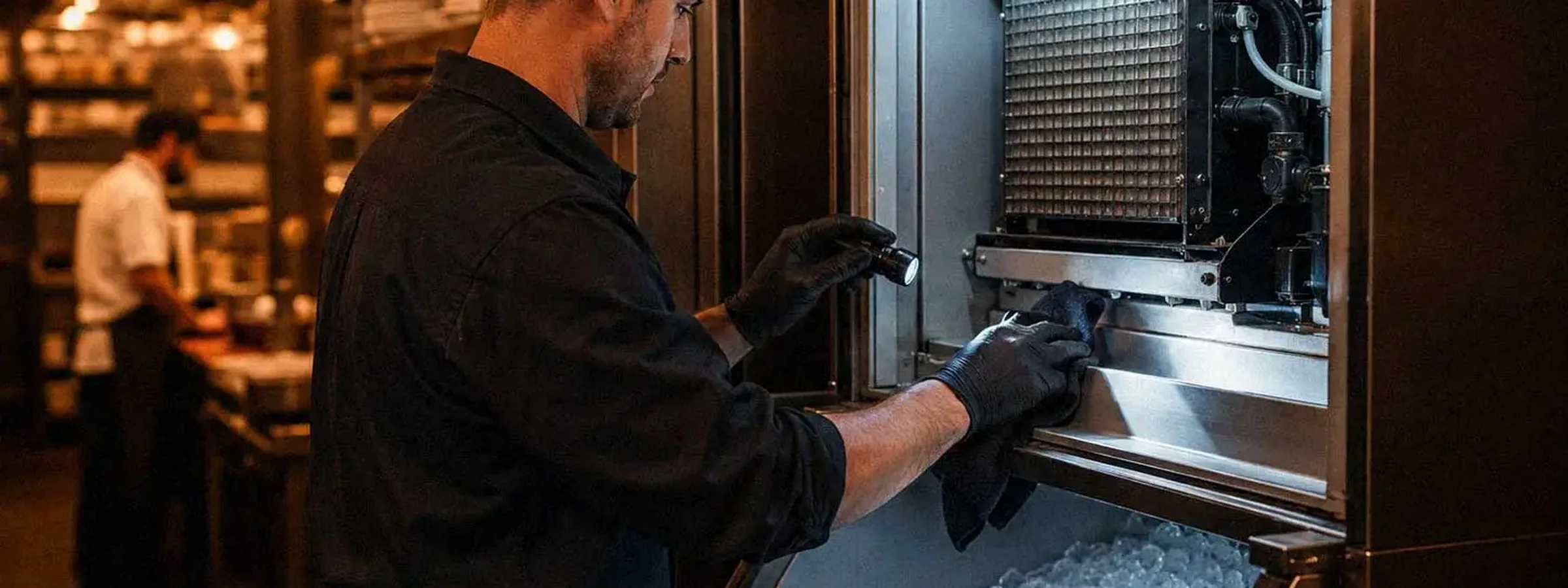Technician visually inspecting and cleaning a commercial ice machine