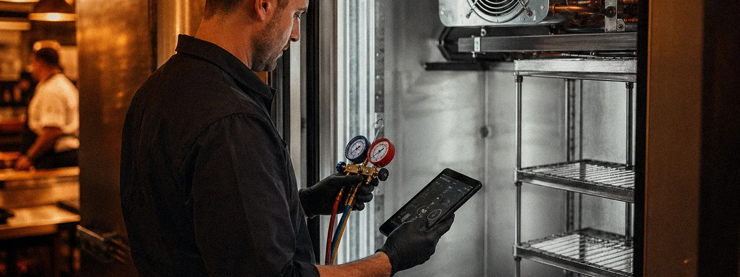 Commercial refrigeration technician inspecting cold equipment in a restaurant