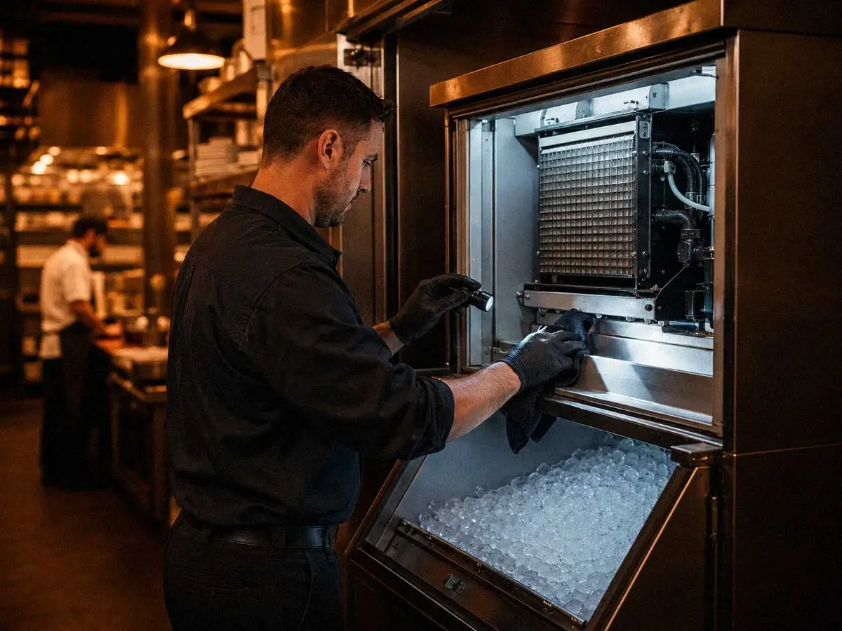 Technician servicing commercial restaurant equipment in a working kitchen
