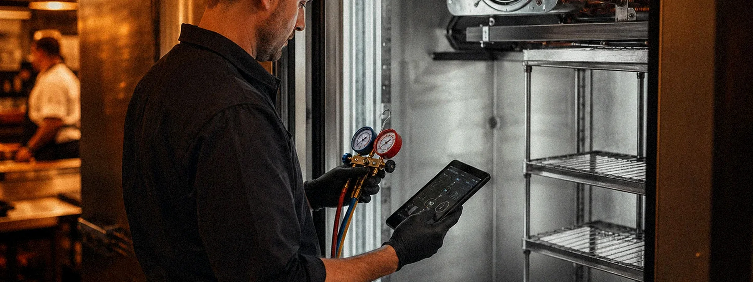 Commercial refrigeration technician inspecting a walk-in cooler