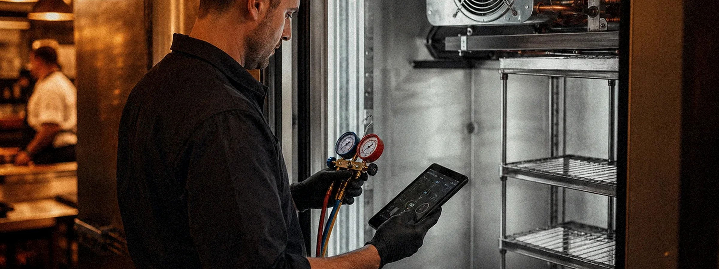 Commercial refrigeration technician inspecting low-temperature equipment